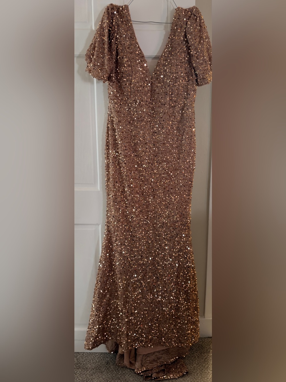 Sequin V-Neck Evening Gown in Rose Gold